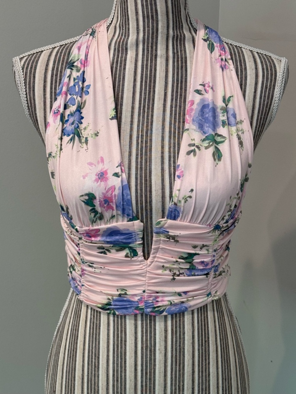 ZARA Floral Halter Top Women's Size Small Pink Tie Back